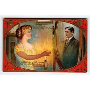 Vintage 1907-1915 Halloween Reflections Lithograph Postcard Woman Man & Mirror